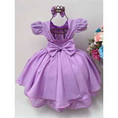 Vestido Infantil Lilás Laço e Aplique de Flores Pérolas
