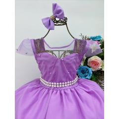 Vestido Infantil Lilás Peito Nervura Cinto de Perola