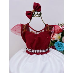 Vestido Infantil Marsala Peito Nervura Saia Off Perolas