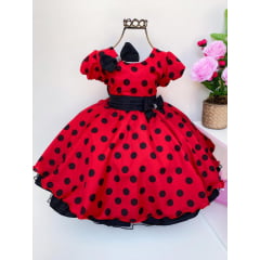Vestido Infantil Minnie ou Lady Bug Vermelha Laço Preto