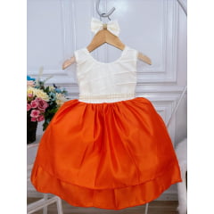 Vestido Infantil Peito Nervura Marfim Saia Laranja C/ Laço