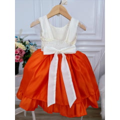 Vestido Infantil Peito Nervura Marfim Saia Laranja C/ Laço