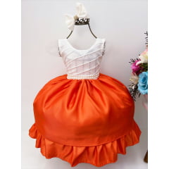 Vestido Infantil Peito Nervura Marfim Saia Laranja C/ Laço