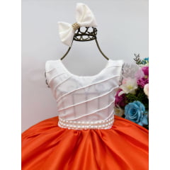 Vestido Infantil Peito Nervura Marfim Saia Laranja C/ Laço