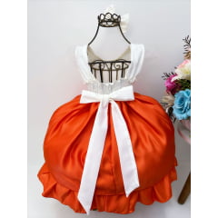 Vestido Infantil Peito Nervura Marfim Saia Laranja C/ Laço