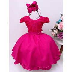 Vestido Infantil Pink Aplique Borboleta Laço Cinto Pérolas