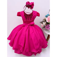Vestido Infantil Pink Aplique Borboleta Laço Cinto Pérolas