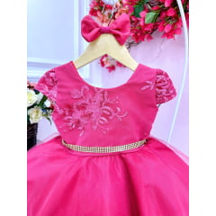 Vestido Infantil Pink Com Renda e Cinto de Strass