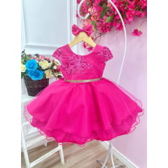 Vestido Infantil Pink Com Renda e Cinto de Strass