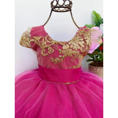 Vestido Infantil Pink Renda Dourada Daminhas Luxo