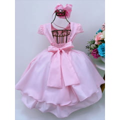 Vestido Infantil Rosa Aplique Borboleta Laço Pérola Cinto