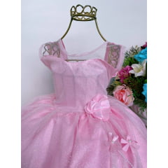 Vestido Infantil Rosa Brilho Pérolas e Aplique de Flor