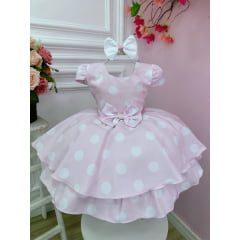 Vestido Infantil Rosa C/ Bolinhas Brancas Minnie e Laço