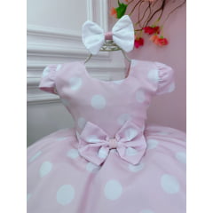 Vestido Infantil Rosa C/ Bolinhas Brancas Minnie e Laço