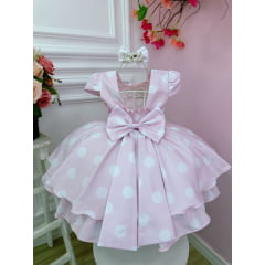 Vestido Infantil Rosa C/ Bolinhas Brancas Minnie e Laço