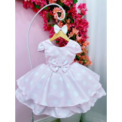 Vestido Infantil Rosa C/ Bolinhas Brancas Minnie e Laço