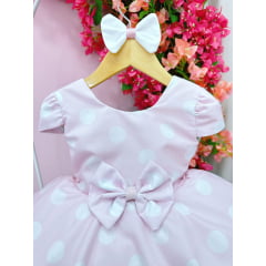 Vestido Infantil Rosa C/ Bolinhas Brancas Minnie e Laço