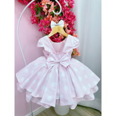 Vestido Infantil Rosa C/ Bolinhas Brancas Minnie e Laço