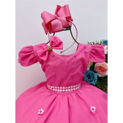 Vestido Infantil Rosa Chiclete Laço Aplique Flores Pérolas