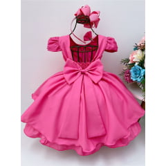 Vestido Infantil Rosa Chiclete Laço Aplique Flores Pérolas