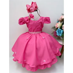 Vestido Infantil Rosa Chiclete Laço Aplique Flores Pérolas