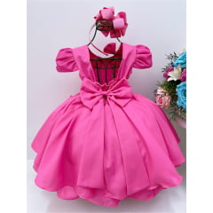 Vestido Infantil Rosa Chiclete Laço e Aplique Flores Pérolas