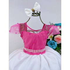 Vestido Infantil Rosa Chiclete Peito Nervura Saia Off Perola