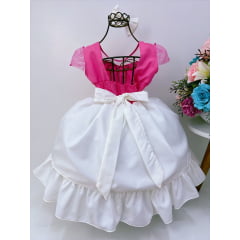 Vestido Infantil Rosa Chiclete Peito Nervura Saia Off Perola