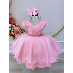 Vestido Infantil Rosa Com Renda e Cinto de Strass Festas