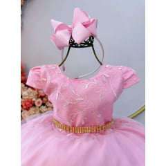 Vestido Infantil Rosa Com Renda e Cinto de Strass Festas