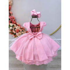 Vestido Infantil Rosa Com Renda e Cinto de Strass Festas