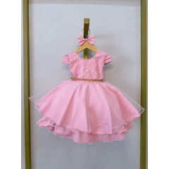 Vestido Infantil Rosa Com Renda e Cinto de Strass Festas