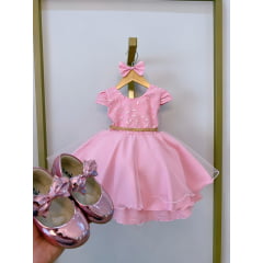 Vestido Infantil Rosa Com Renda e Cinto de Strass Festas