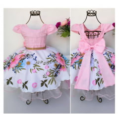 Vestido Infantil Rosa Flores Princesa Festa Luxo