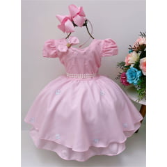 Vestido Infantil Rosa Laço Aplique de Flores e Pérolas