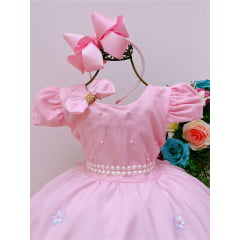 Vestido Infantil Rosa Laço Aplique de Flores e Pérolas