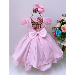 Vestido Infantil Rosa Laço Aplique de Flores e Pérolas