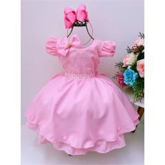 Vestido Infantil Rosa Laço Aplique Flores Pérolas