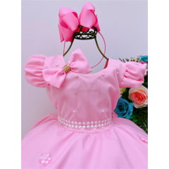 Vestido Infantil Rosa Laço Aplique Flores Pérolas