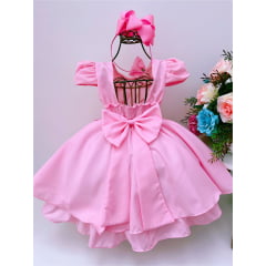 Vestido Infantil Rosa Laço Aplique Flores Pérolas