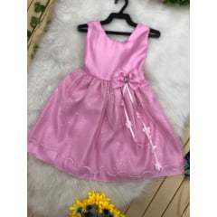 Vestido Infantil Rosa Laço com Strass Aplique Flores