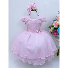 Vestido Infantil Rosa Laço com Strass e Aplique Borboletas