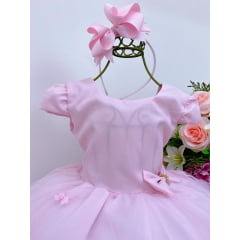 Vestido Infantil Rosa Laço com Strass e Aplique Borboletas