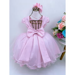 Vestido Infantil Rosa Laço com Strass e Aplique Borboletas