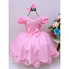 Vestido Infantil Rosa Bebê Laço e Aplique Flores Pérolas