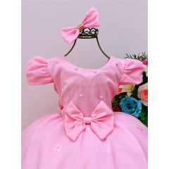 Vestido Infantil Rosa Bebê Laço e Aplique Flores Pérolas