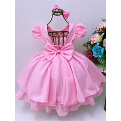 Vestido Infantil Rosa Bebê Laço e Aplique Flores Pérolas