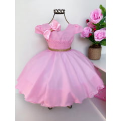 Vestido Infantil Rosa Princesas Laço Cabelo Cinto Strass