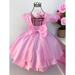 Vestido Infantil Rosa Princesas Laço Cabelo Cinto Strass
