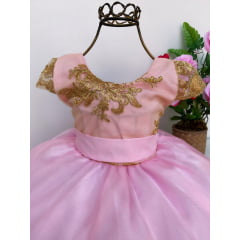 Vestido Infantil Rosa Renda Dourada Daminhas Luxo
